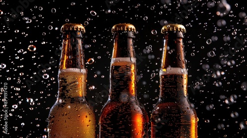 Glass beer bottles with water drops and bubbles on black background