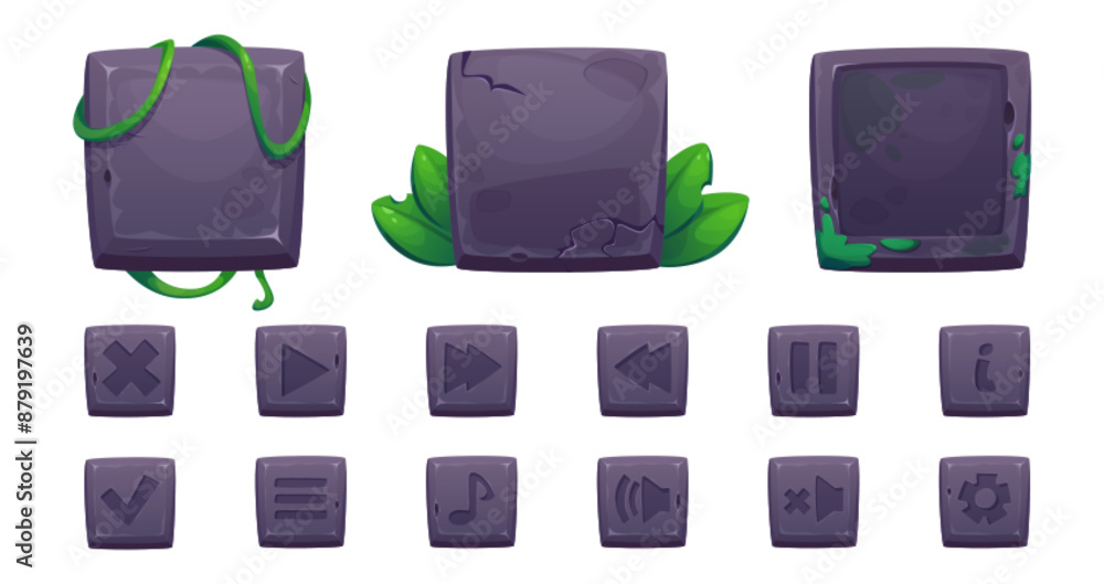 Stone game ui elements with jungle plant leaves and liana vines. Cartoon vector set of rock frames and buttons for gui design. Square empty boards for sign and plaque with settings and app icons. Stone game ui elements with jungle plant leaves and liana vines. Cartoon vector set of rock frames and buttons for gui design. Square empty boards for sign and plaque with settings and app icons.