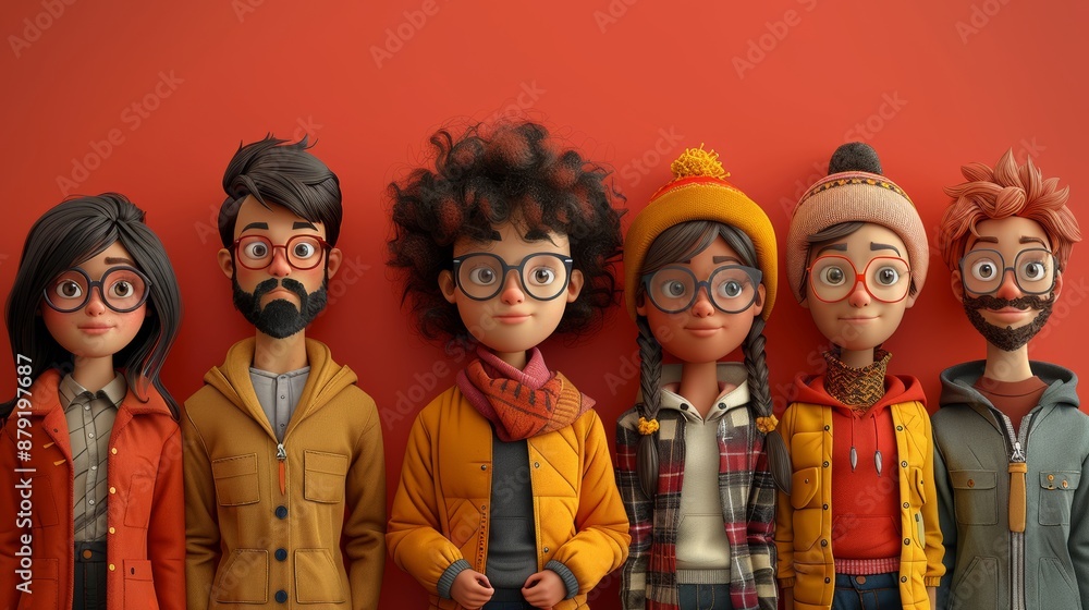 Obraz premium 3d illustration of a diverse group of young adults wearing trendy eyeglasses and casual clothing, standing in front of a red background