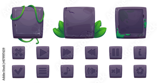 Stone game ui elements with jungle plant leaves and liana vines. Cartoon vector set of rock frames and buttons for gui design. Square empty boards for sign and plaque with settings and app icons.