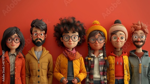 3d illustration of a diverse group of young adults wearing trendy eyeglasses and casual clothing, standing in front of a red background
