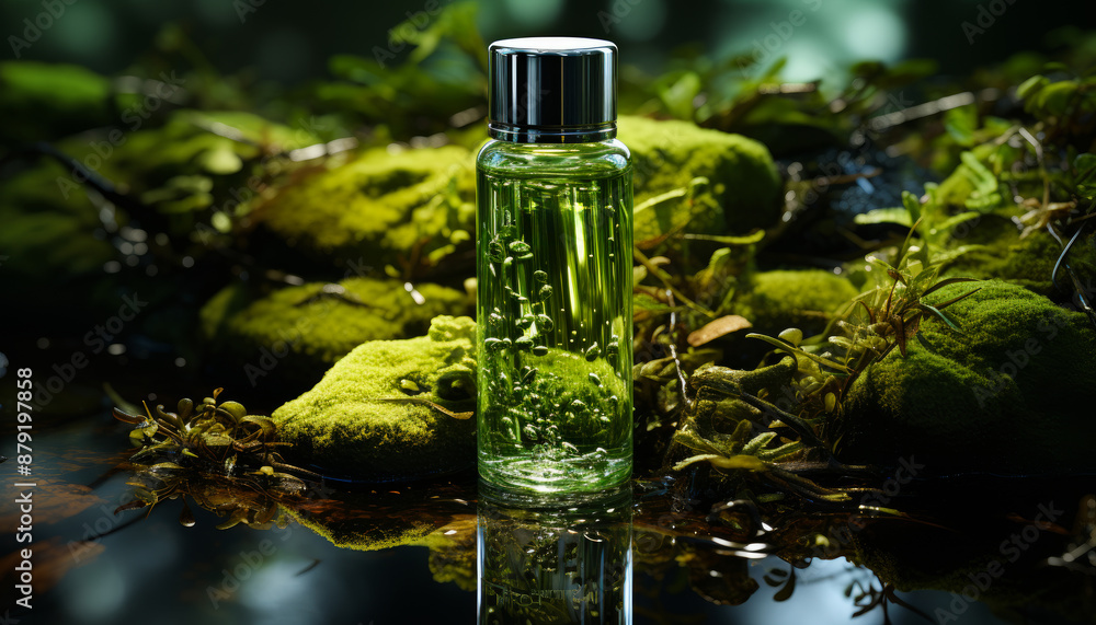 A bottle of perfume is sitting on a mossy rock in a forest. The bottle is green and the moss is green as well.