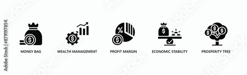 Financial Success Banner Web Icon Vector Illustration Concept With Icon Of Money Bag, Wealth Management, Profit Margin, Economic Stability, Prosperity Tree