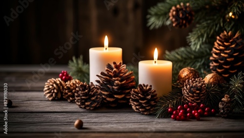  Cozy Christmas  Warm glow of candles and pine cones