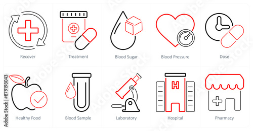 A set of 10 health checkup icons as recover, treatment, blood sugar