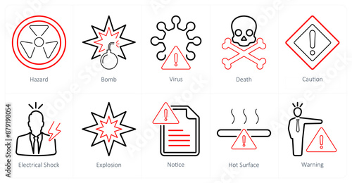 A set of 10 hazard danger icons as hazard, bomb, virus, death