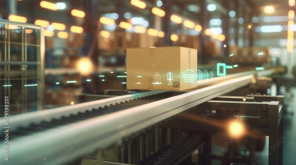 A box is on a conveyor belt in a warehouse. Generate AI image A box is on a conveyor belt in a warehouse. Generate AI image