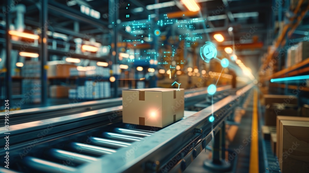 A box is on a conveyor belt in a warehouse. Generate AI image A box is on a conveyor belt in a warehouse. Generate AI image