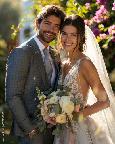 Pareja de novios turcos enamorados en Estambul, Turquía, una foto de boda. Concepto de fotos de bodas al atardecer, cariño y familia unida.