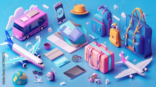 Concepto de viajes, equipos, transporte y aerolíneas destinadas al turismo vacacional. Diseño colorido 3D.