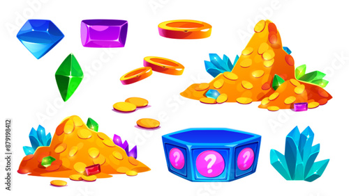 Treasure and win prize game ui assets. Cartoon vector illustration set of gold and gemstones pile, box with surprise, gold coins and colorful gem crystals. Jewelry element for bonus and wealth concept