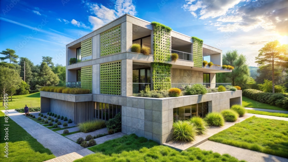 Sleek, modern, eco-friendly home with ventilation blocks, surrounded by lush trees, sits atop a flat slab, against a brilliant blue sky. Sleek, modern, eco-friendly home with ventilation blocks, surrounded by lush trees, sits atop a flat slab, against a brilliant blue sky.