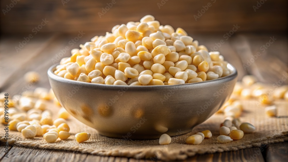 High-contrast shot of perfectly popped fluffy white corn kernels in a shallow bowl, with blurred background and shallow depth of field. High-contrast shot of perfectly popped fluffy white corn kernels in a shallow bowl, with blurred background and shallow depth of field.