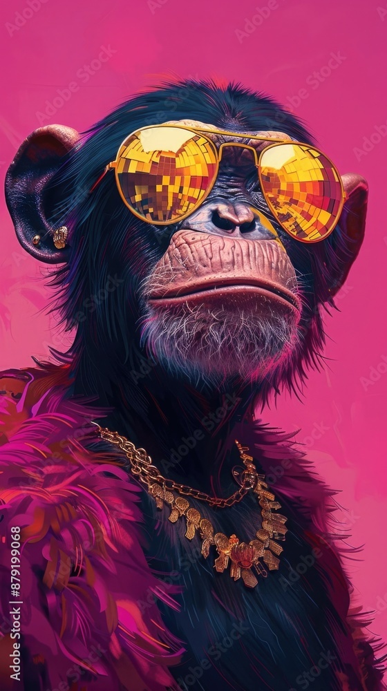 Mono chimpancé con gafas, y camisa hawaiana, veraneando en vacaciones, concepto de verano y disfrute tropical. Concepto de Imagen humorística gánster pop. Mono chimpancé con gafas, y camisa hawaiana, veraneando en vacaciones, concepto de verano y disfrute tropical. Concepto de Imagen humorística gánster pop.