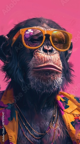 Mono chimpancé con gafas, y camisa hawaiana, veraneando en vacaciones,  concepto de verano y disfrute tropical. Concepto de Imagen humorística gánster pop. photo