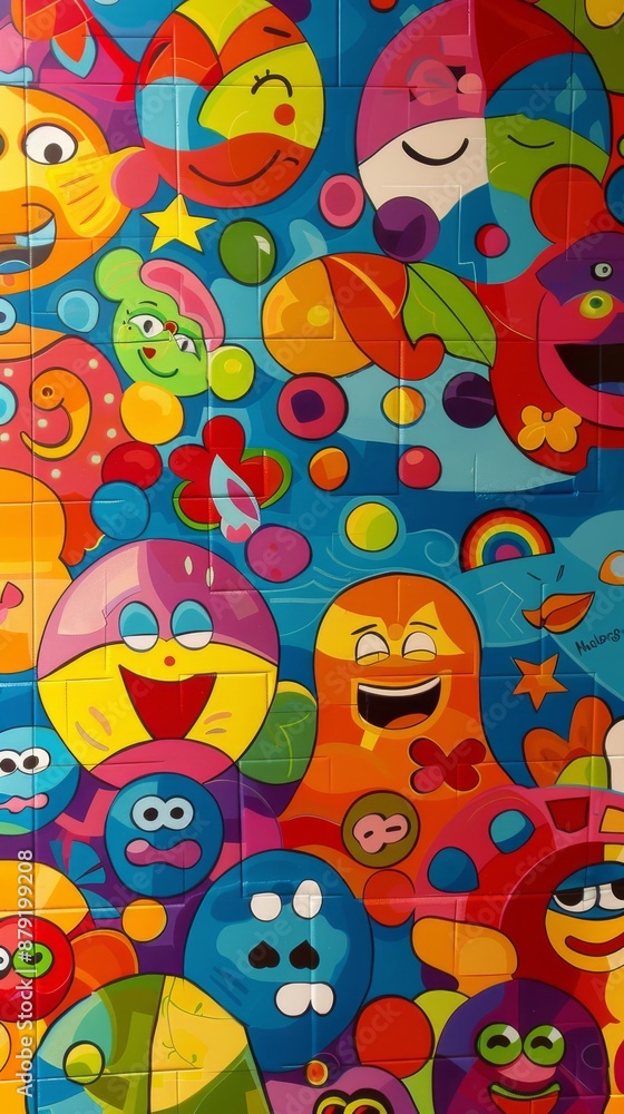 Wall covered in colorful tiles featuring a variety of cartoon faces smiling and laughing, creating a cheerful and playful atmosphere Wall covered in colorful tiles featuring a variety of cartoon faces smiling and laughing, creating a cheerful and playful atmosphere