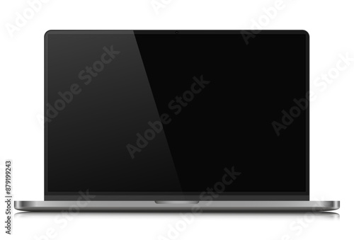A laptop with an empty black screen with a glare on a white background. Realistic laptop layout with a dark metal case. Vector illustration.