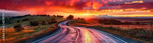 A winding road with a beautiful sunset in the background. The sky is filled with clouds and the sun is setting, creating a warm and serene atmosphere