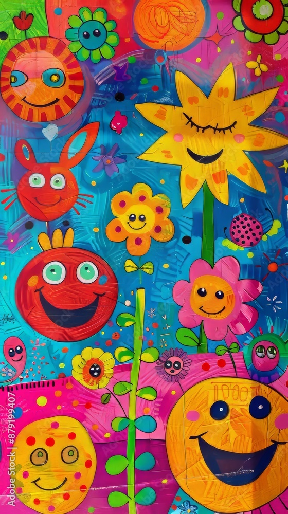 Naive art painting full of colorful flowers, suns, a rabbit and other characters smiling, on a blue and pink background Naive art painting full of colorful flowers, suns, a rabbit and other characters smiling, on a blue and pink background