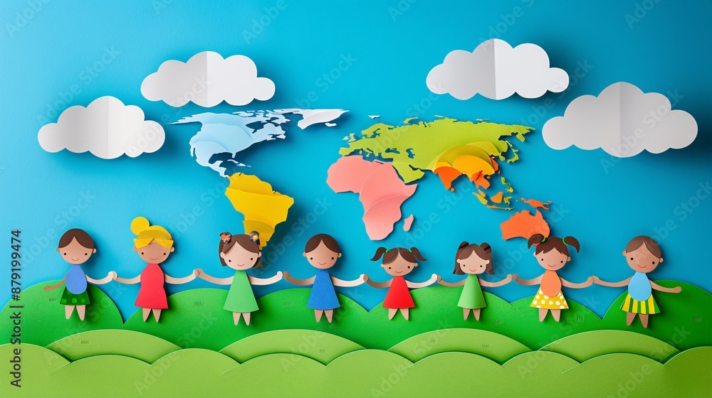 Minimal 2D paper crafts art of children holding hands around the world for International Peace Day Stock Photo with copy space Minimal 2D paper crafts art of children holding hands around the world for International Peace Day Stock Photo with copy space