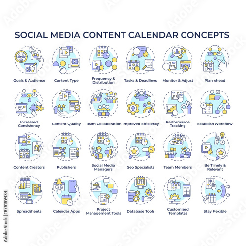 Social media content calendar multi color concept icons. Implementing effective social media strategies. Project management. Icon pack. Vector images. Round shape illustrations. Abstract idea
