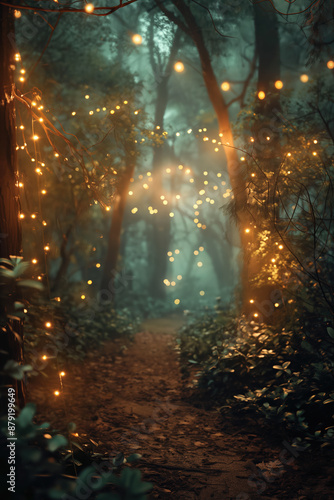 Magical forest path lit by fairy lights leading into the woods photo