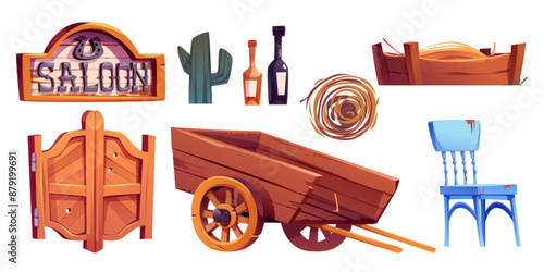 Wild west saloon elements collection. Cartoon vector set of western bar objects - wooden double doors and sign, wood horse cart and feeder with hay, tumbleweed and cactus, bottles and chair.