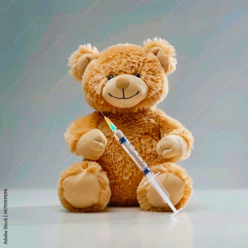Obraz premium Vacunación infantil, osito de peluche con una jeringuilla entre sus brazos. Concepto de salud y pediatría.