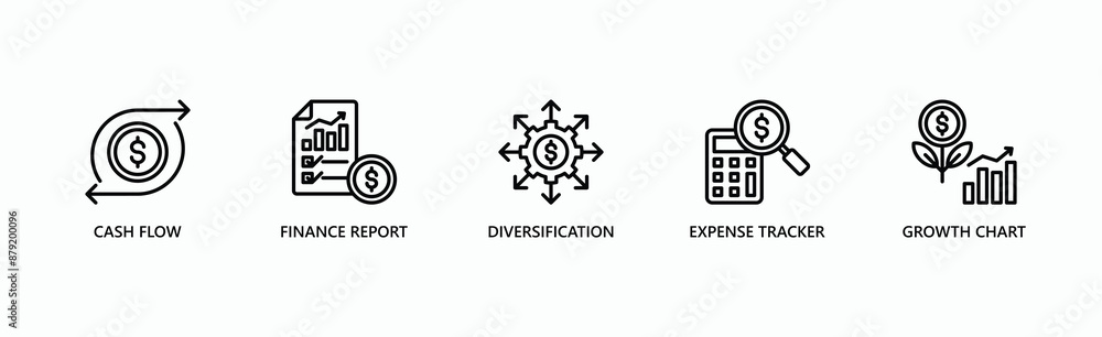 Financial Management Banner Web Icon Vector Illustration Concept With Icon Of Cash Flow, Finance Report, Diversification, Expense Tracker, Growth Chart Financial Management Banner Web Icon Vector Illustration Concept With Icon Of Cash Flow, Finance Report, Diversification, Expense Tracker, Growth Chart