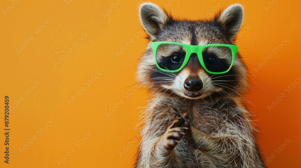 Funny raccoon in green sunglasses showing a rock gesture isolated on orange background Funny raccoon in green sunglasses showing a rock gesture isolated on orange background
