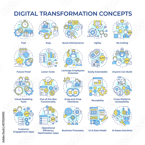 Digital transformation multi color concept icons. Implementation of digital technologies. Business process. Strategies. Icon pack. Vector images. Round shape illustrations. Abstract idea