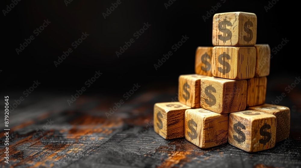 Wooden blocks featuring dollar symbols are stacked on a wooden surface, representing financial growth and economic strength Wooden blocks featuring dollar symbols are stacked on a wooden surface, representing financial growth and economic strength