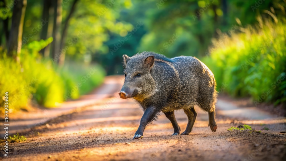 Wild collared peccary, also known as javelina, strides alone down a rural dirt farm road, surrounded by lush greenery and trees. Wild collared peccary, also known as javelina, strides alone down a rural dirt farm road, surrounded by lush greenery and trees.