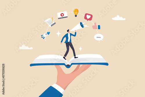 Storytelling communicate brand story or idea to listener, narrative message, content or article writing or advertising creativity concept, young man on opening book telling story on megaphone.