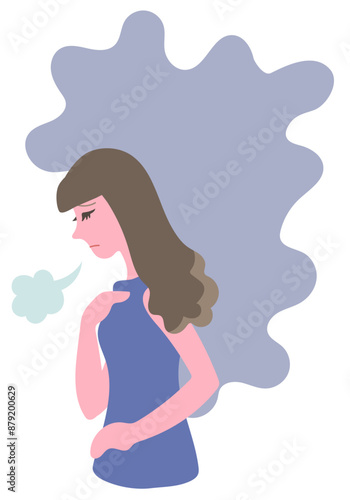 胸に手を当ててため息をつく女性の横顔とモヤモヤした心象を表す背景のベクターイラストレーション