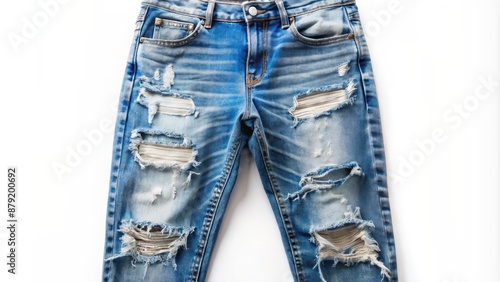 Distressed edge of frayed blue denim jeans with ripped threads and frayed hems against a clean white background. photo