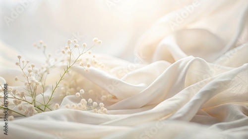 Soft focus pastel white background with subtle texture and natural folded fabric elements in a calming and minimalist composition.