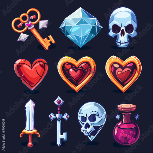 Cartoon game assets. key, diamond, skull, heart, sword, potion