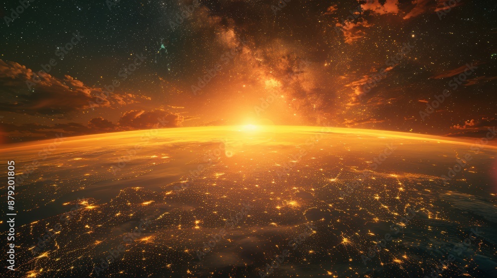 Naklejka premium Glowing sunrise over Earth's horizon from space with city lights, stars, and galaxies in the background.