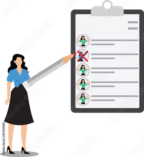Redundant job, layoff staff or reduce head count, fired employee or worker, losing job from economic recession, dismiss or picking redundant staff concept, businesswoman HR choose redundancy employee