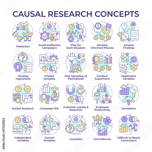 Causal research multi color concept icons. Investigation. Market research. Study market for business development. Icon pack. Vector images. Round shape illustrations. Abstract idea