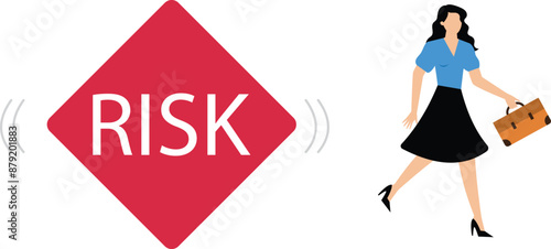 Risk averse, avoid or minimize risk, run away from uncertainty, fear or safety decision for investment, prefer security or stability concept, businesswoman investor run away from risk collapsing box