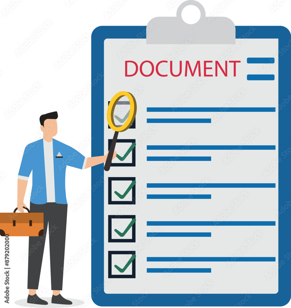 Inspect or review document, report or legal audit, quality assurance, search for document, information or research, investigate, proof or checking concept, businessman with magnifier inspect document Inspect or review document, report or legal audit, quality assurance, search for document, information or research, investigate, proof or checking concept, businessman with magnifier inspect document