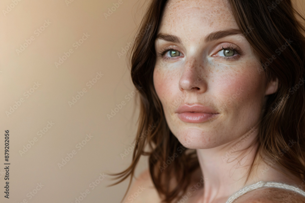 A portrait of an attractive woman in her late thirties with medium-length dark brown hair, wearing no makeup and a natural expression on her face. She has blue eyes and is standing against a beige bac A portrait of an attractive woman in her late thirties with medium-length dark brown hair, wearing no makeup and a natural expression on her face. She has blue eyes and is standing against a beige bac