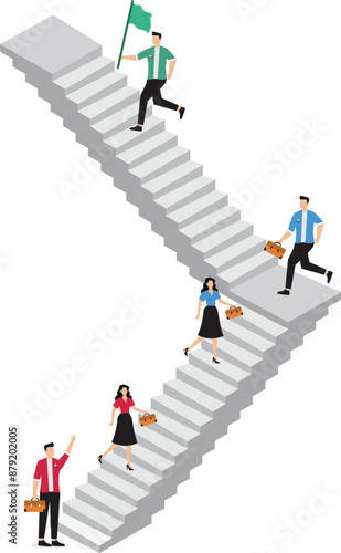 Career path or improvement, growth stair to success, job promotion or business competition, aspiration or motivation to succeed concept, business people walk up stair to next level floor to the top.