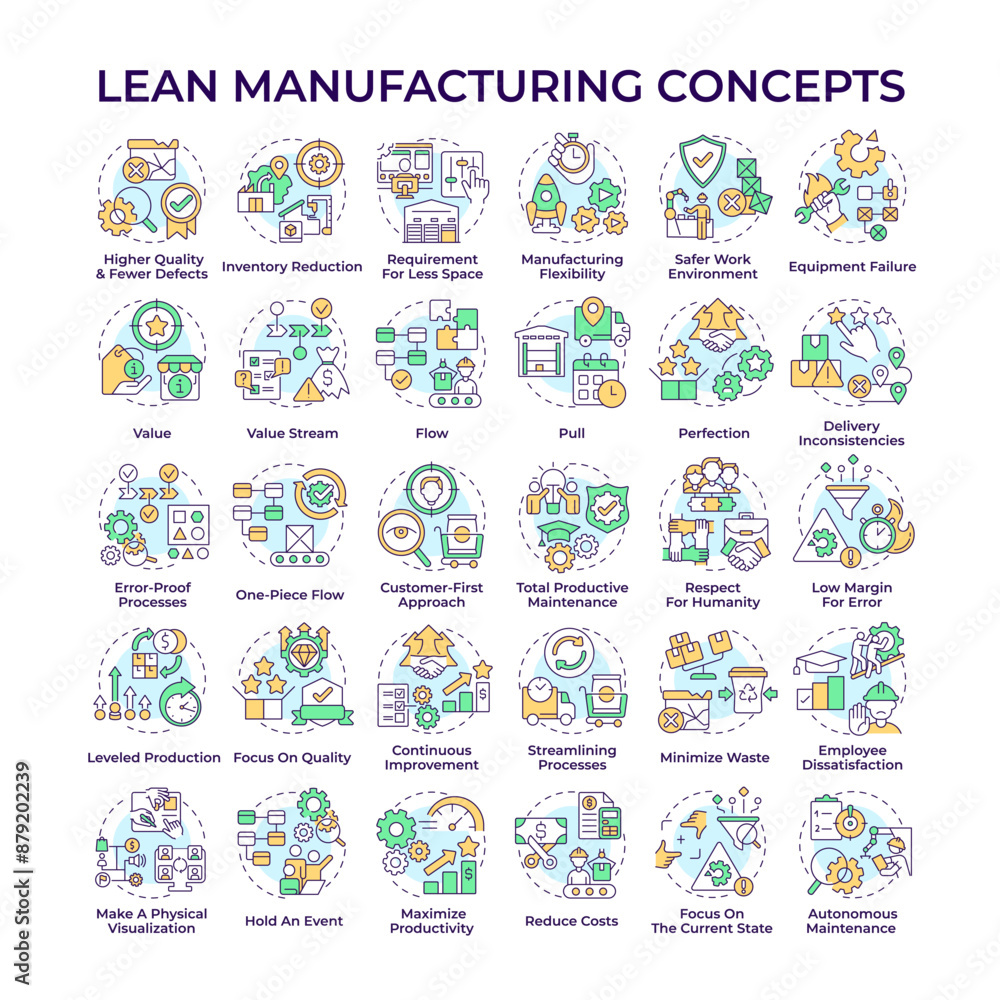 Lean manufacturing multi color concept icons. Waste reduction. Continuous process. Better efficiency and productivity. Icon pack. Vector images. Round shape illustrations. Abstract idea Lean manufacturing multi color concept icons. Waste reduction. Continuous process. Better efficiency and productivity. Icon pack. Vector images. Round shape illustrations. Abstract idea