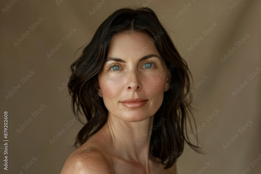 A portrait of an attractive woman in her late thirties with medium-length dark brown hair, wearing no makeup and a natural expression on her face. She has blue eyes and is standing against a beige bac