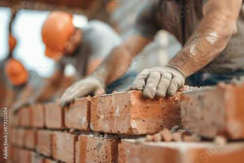 Teamwork in Action: Construction Workers Building Brick Walls with Precision and Unity