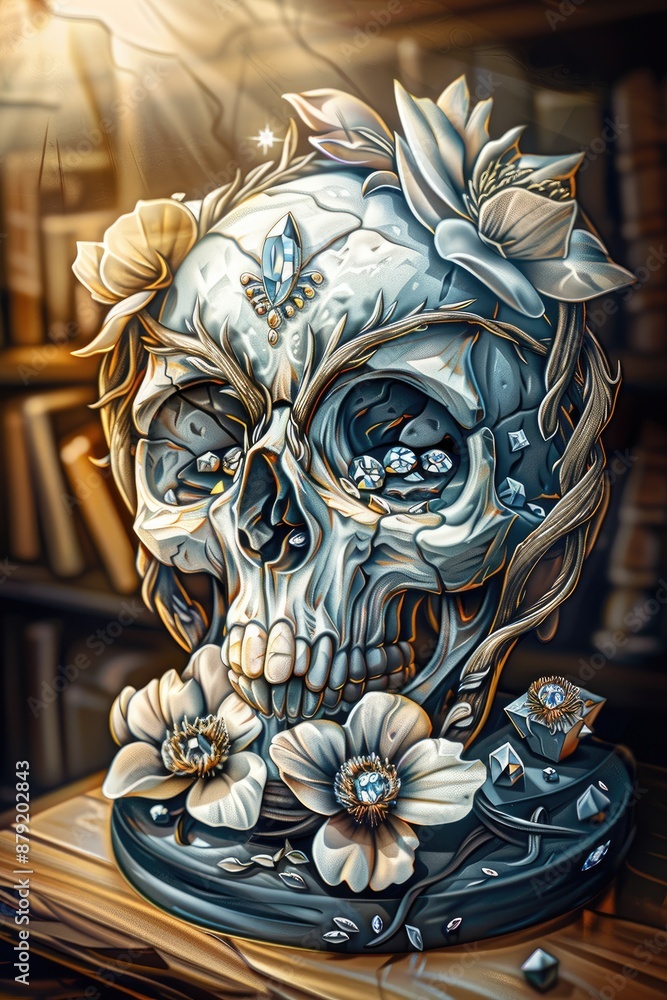 Obraz premium Jeweled Skull Adorned with Flowers and Crystals