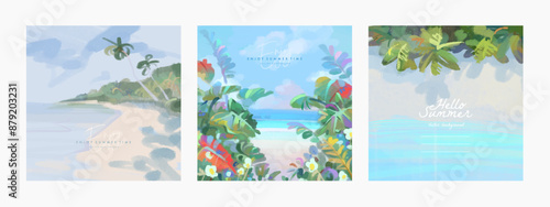 Set of beautiful summer tropical beach sea resort square landscape background design template for poster, flyer, web banner, cover, brochure, greeting card. Vector illustration